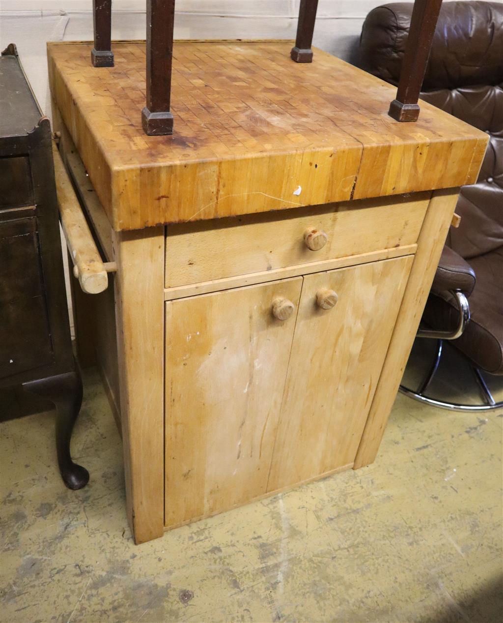 A butchers block kitchen island, width 66cm, depth 64cm, height 83cm